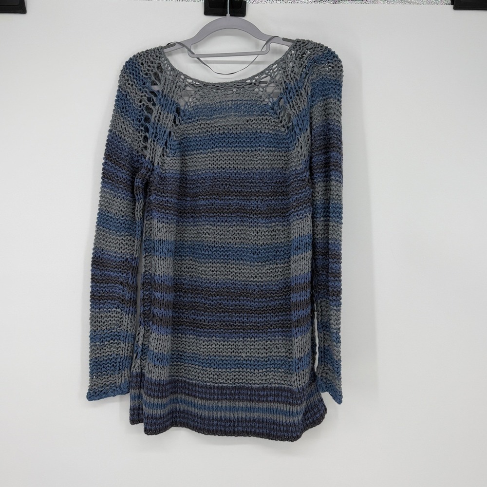 Free People Striped Knit Pullover Sweater Long Sleeve Blue Grey M Slouchy Boho‎ - Picture 2 of 5
